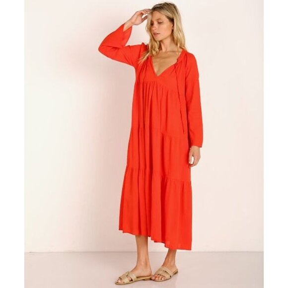 9seed Maxi Dress Womens Size 2 Majora Long Sleeve Dahila Front Neck Tie Tiered - Picture 3 of 16